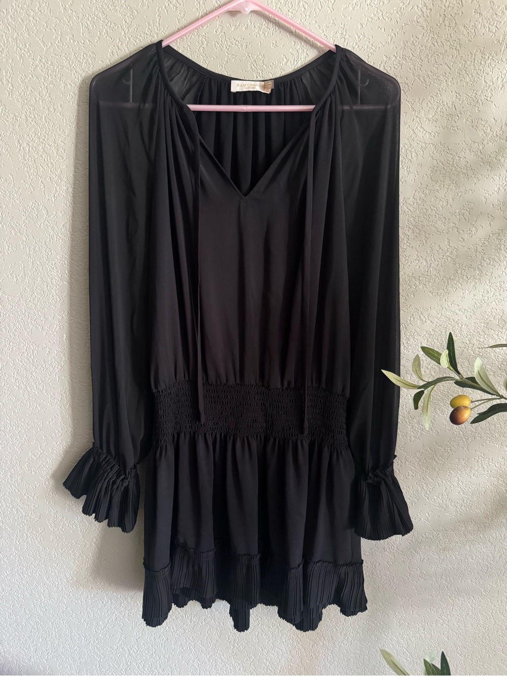 Ramy Brook Black Sheer Sleeve Smocked Waist Pleated Mini Dress Size XS